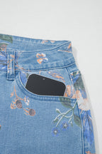 Sky Blue Retro Floral Print Frayed Hem Shift Jeans