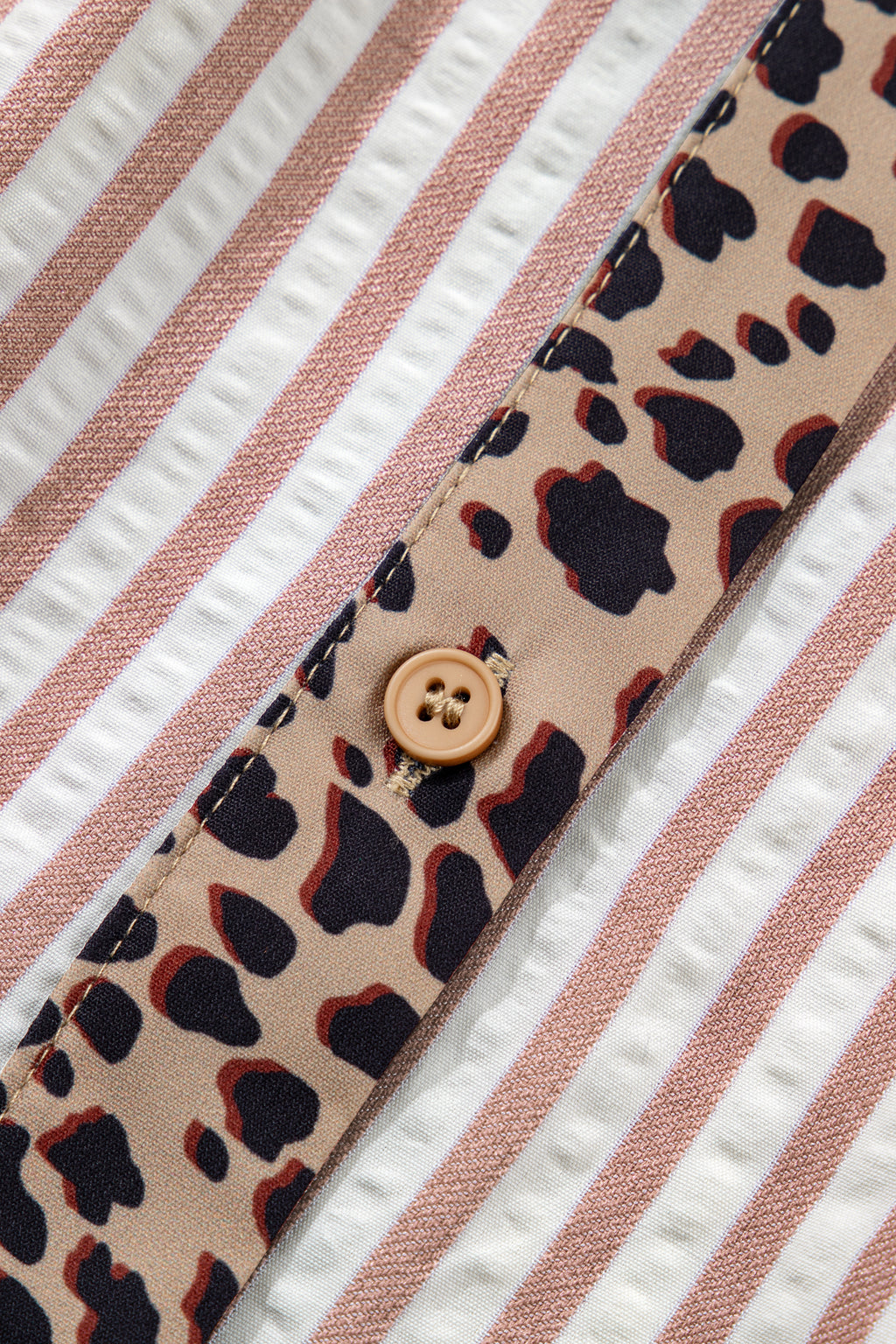 Leopard Trim V Neck Button Down Half Sleeve Shirt