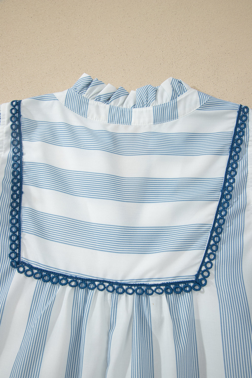 Sky Blue Stripe Subtle Lace Detail V Neck Ruffle Trim Casual Dress