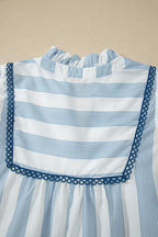 Sky Blue Stripe Subtle Lace Detail V Neck Ruffle Trim Casual Dress