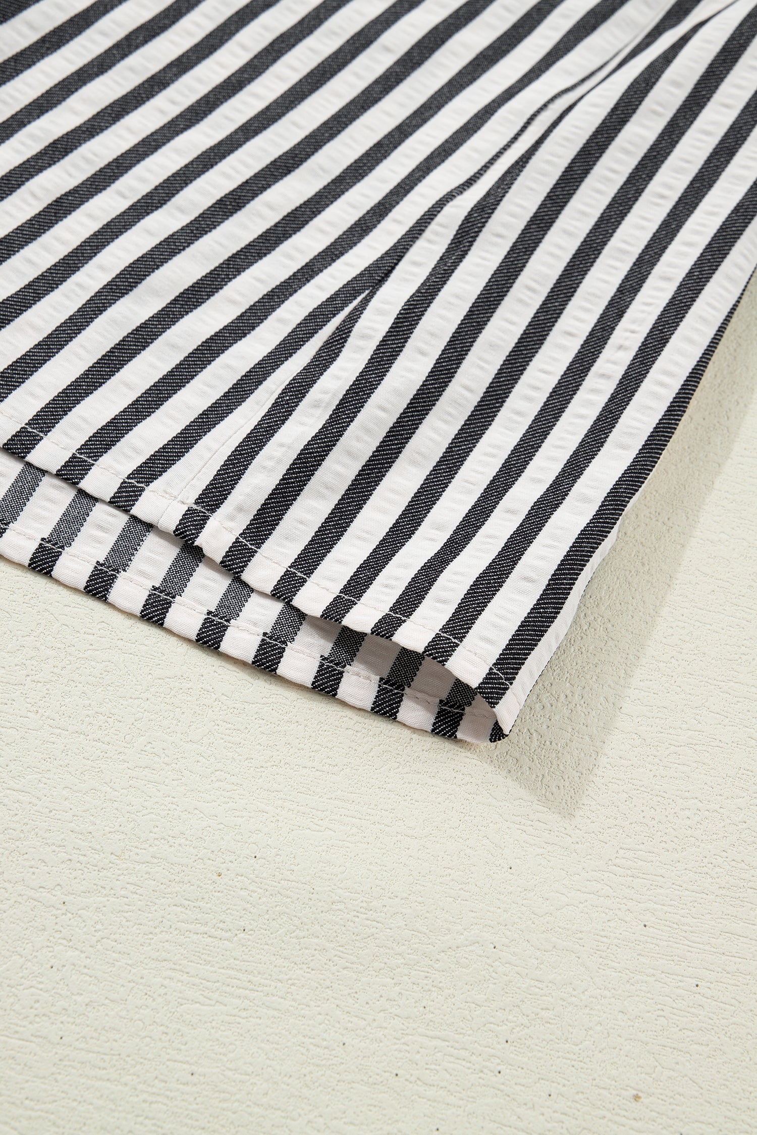 Black Stripe Collared Split Neck Short Bubble Sleeve Blouse