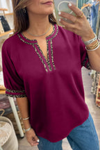 Red Dahlia Contrast Leopard Trim V Neck Short Sleeve Blouse