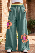 Colour Block Flower Patchwork Drawstring Contrasted Elastic Waist Wide Leg Pants