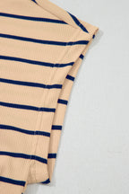 Khaki Stripe Mock Neck Short Sleeve Loose Top