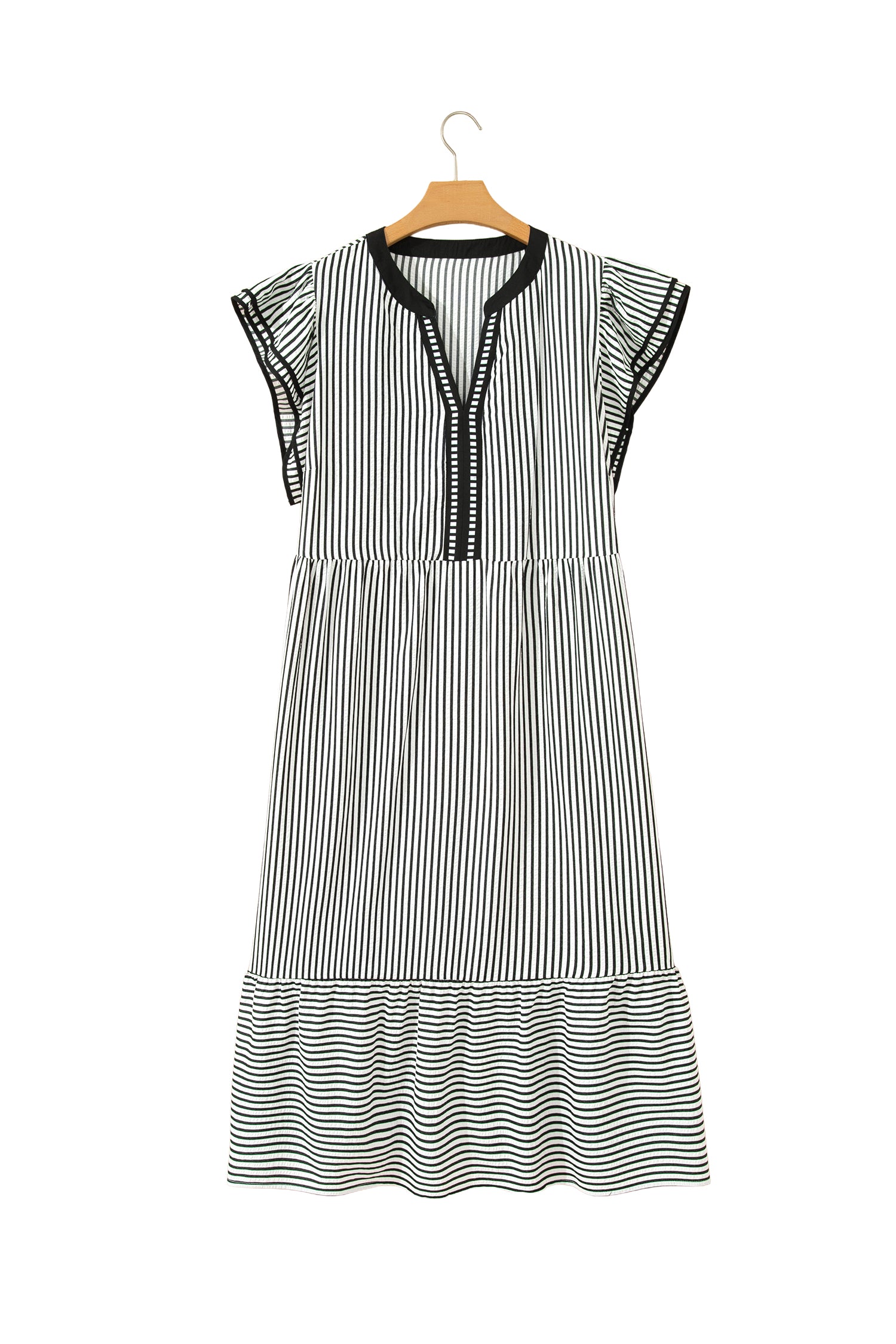 Striped Plus Size Slit V Neck Tiered Flutter Sleeve Maxi Dress