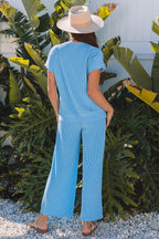 Solid Corded Knit Short Sleeve T Shirt and Wide Leg Pants Set