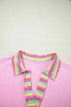 Pink Rainbow Stripe Ribbed Patchwork Raw Seam Oversize Polo Tee