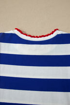 Striped Contrast Trim Round Neck Short Puff Sleeve Shift Mini Dress