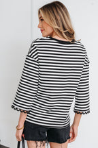 Striped Print Drop Shoulder Lace Trim Bracelet Sleeve Loose Top