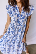 Blue Ruffled Short Sleeve Tiered Floral Midi Dress