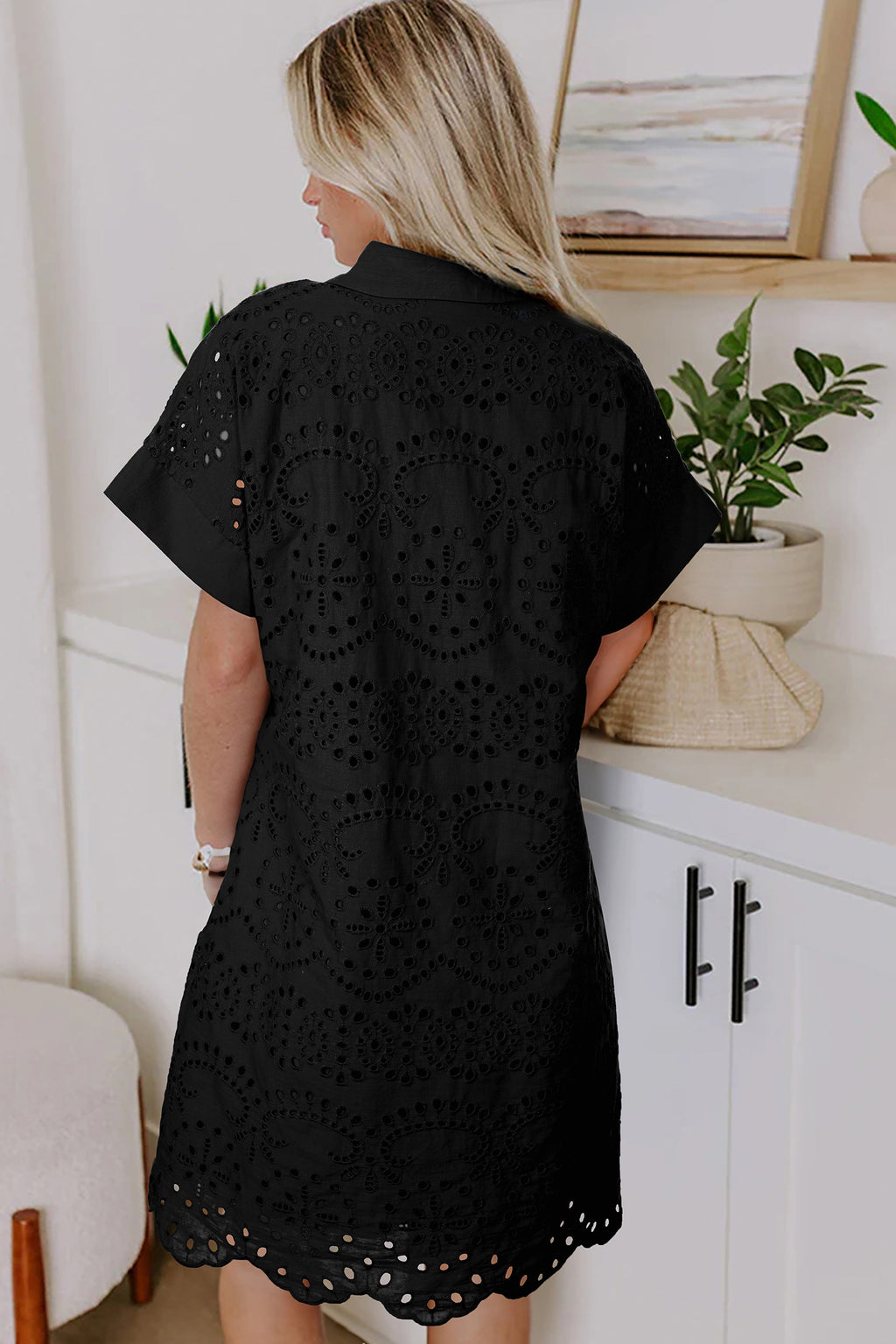 Rose Red Solid Color Eyelet Embroidered T Shirt Mini Dress