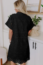 Rose Red Solid Color Eyelet Embroidered T Shirt Mini Dress