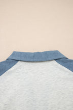Beige Plus Size Contrast Denim Patchwork Cuffed Sleeve Polo Tee