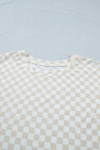 Khaki Plus Size Checkered Print Half Sleeve Tee Loose Pants Two-piece Lounge Set
