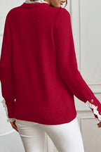 Lace Trim Patchwork Buttoned Cuffs Loose Sweater