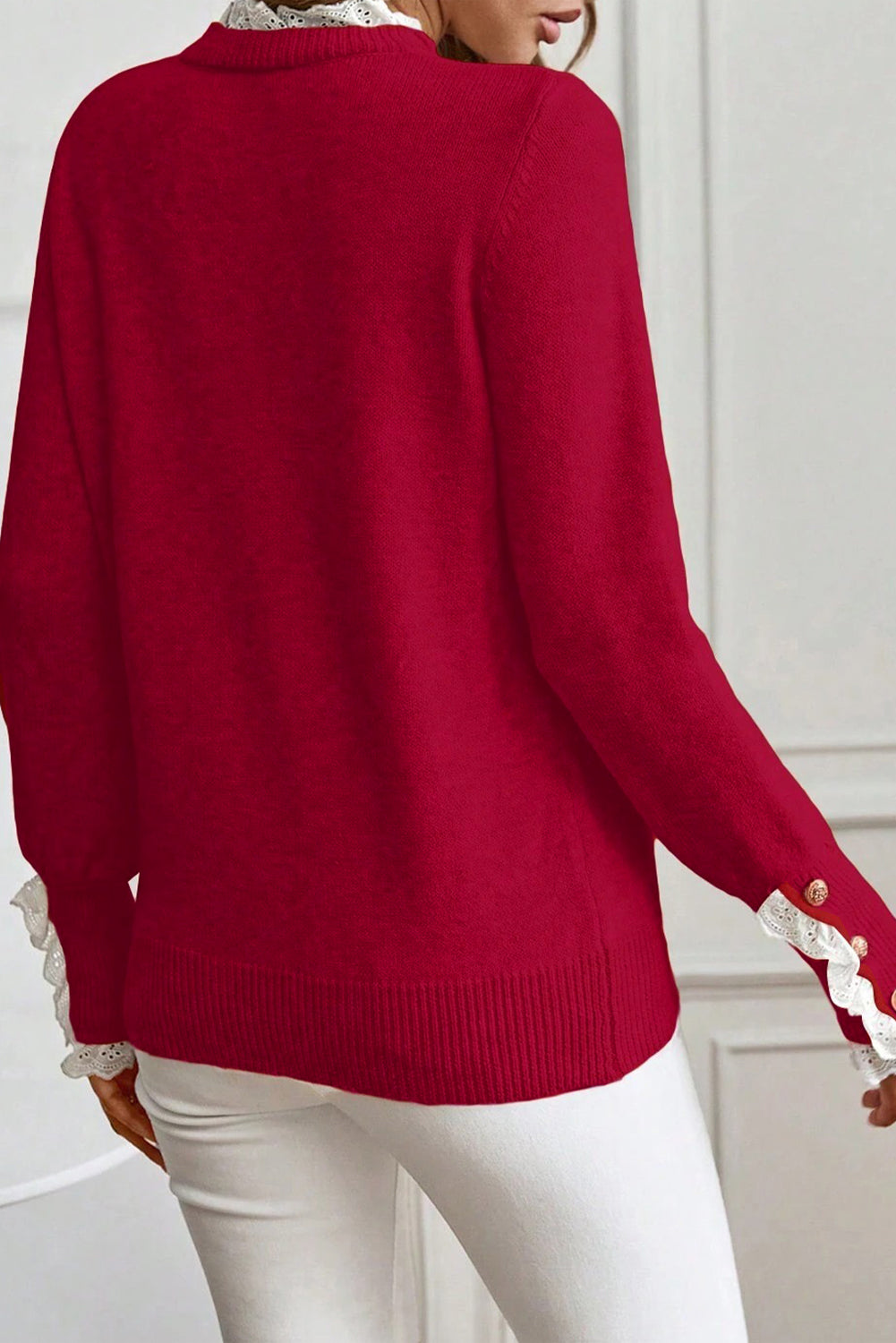 Lace Trim Patchwork Buttoned Cuffs Loose Sweater