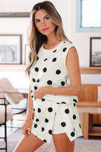 Ribbed Trim Polka Dot Print Tank Split Mini Skort 2pcs Set