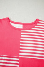 Pink Stripe Color Block Patchwork Drop Shoulder Long Sleeve Tunic Top