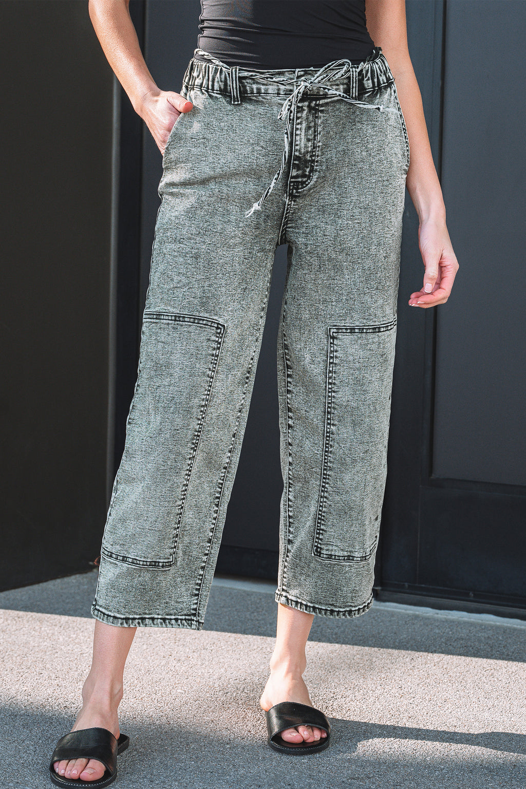 Acid Wash Barrel Fit Denim Pants with Waist String