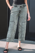 Acid Wash Barrel Fit Denim Pants with Waist String