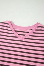 Rose Stripe Striped V-Neck Ribbed Collar Cuff Gathering Puff Sleeve Top