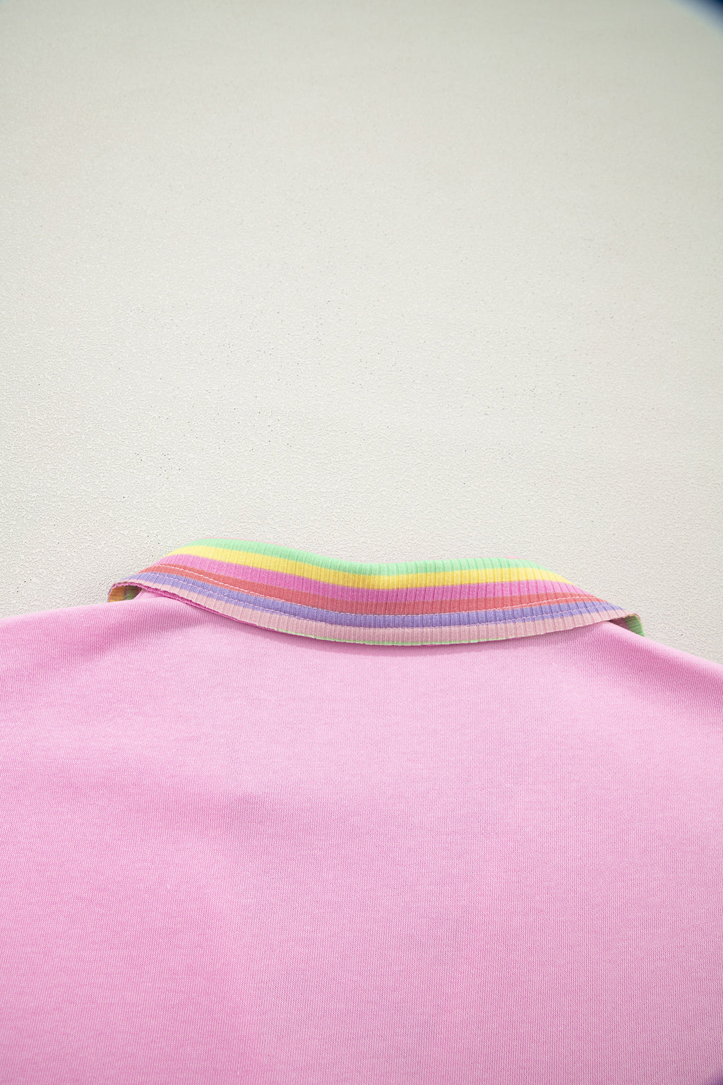 Pink Rainbow Stripe Ribbed Patchwork Raw Seam Oversize Polo Tee