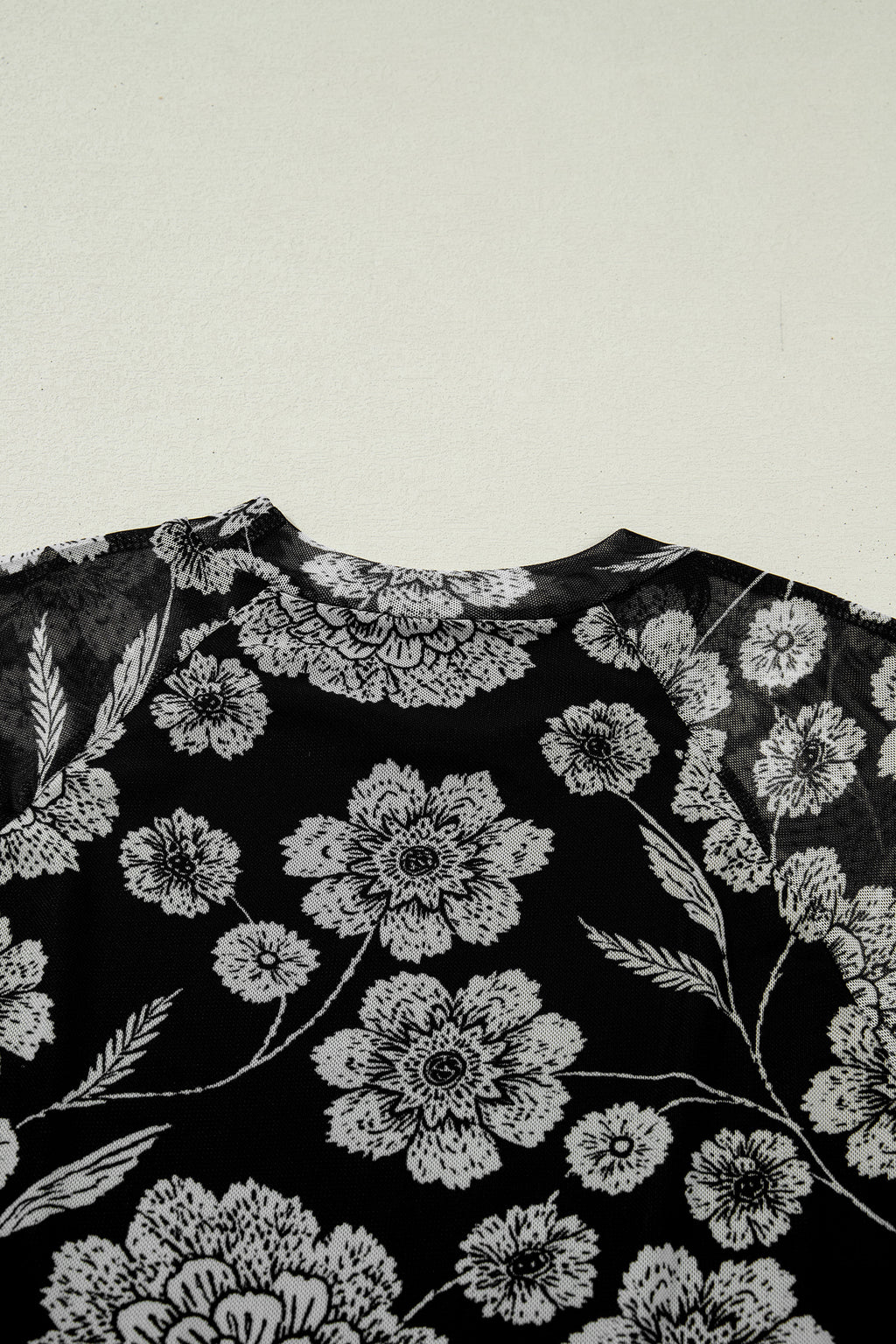 Thumbhole Long Sleeve Floral Print Mesh Top