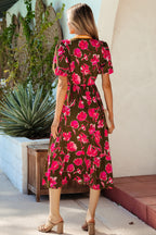 Green Floral Print Striped Trim Split Neck Short Puff Sleeve Ruffle Hem Maxi Dress