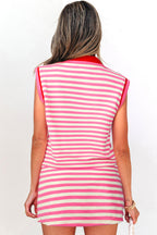 Textured Stripe Print Contrast Trim Zip Collar Sleeveless 2pcs Skort Set
