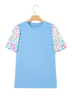 Light Blue Round Neck Textured Contrast Floral Bubble Sleeve Blouse