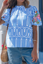 Sky Blue Unique Geometry Print Floral Embroidered Puff Sleeve Blouse