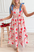 Floral Print Contrast Stitched Knot Denim Straps High Waist Dress
