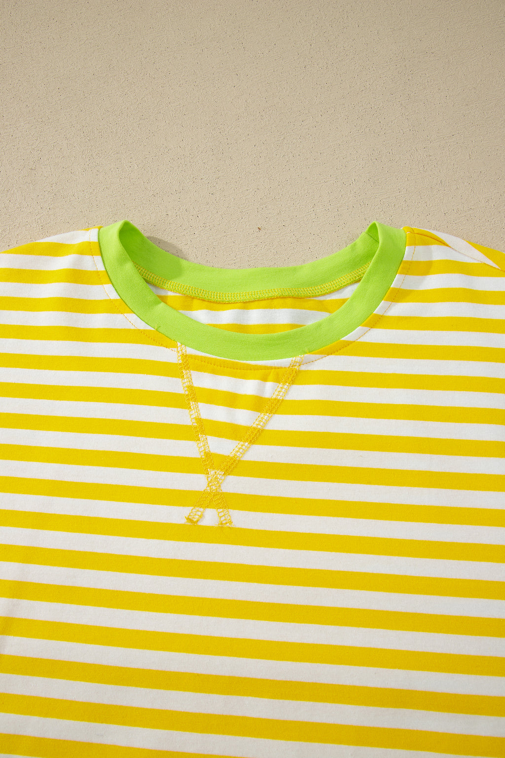 Striped Contrast Neck Loose Tee and Drawstring Shorts Set