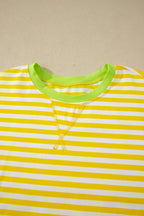 Striped Contrast Neck Loose Tee and Drawstring Shorts Set