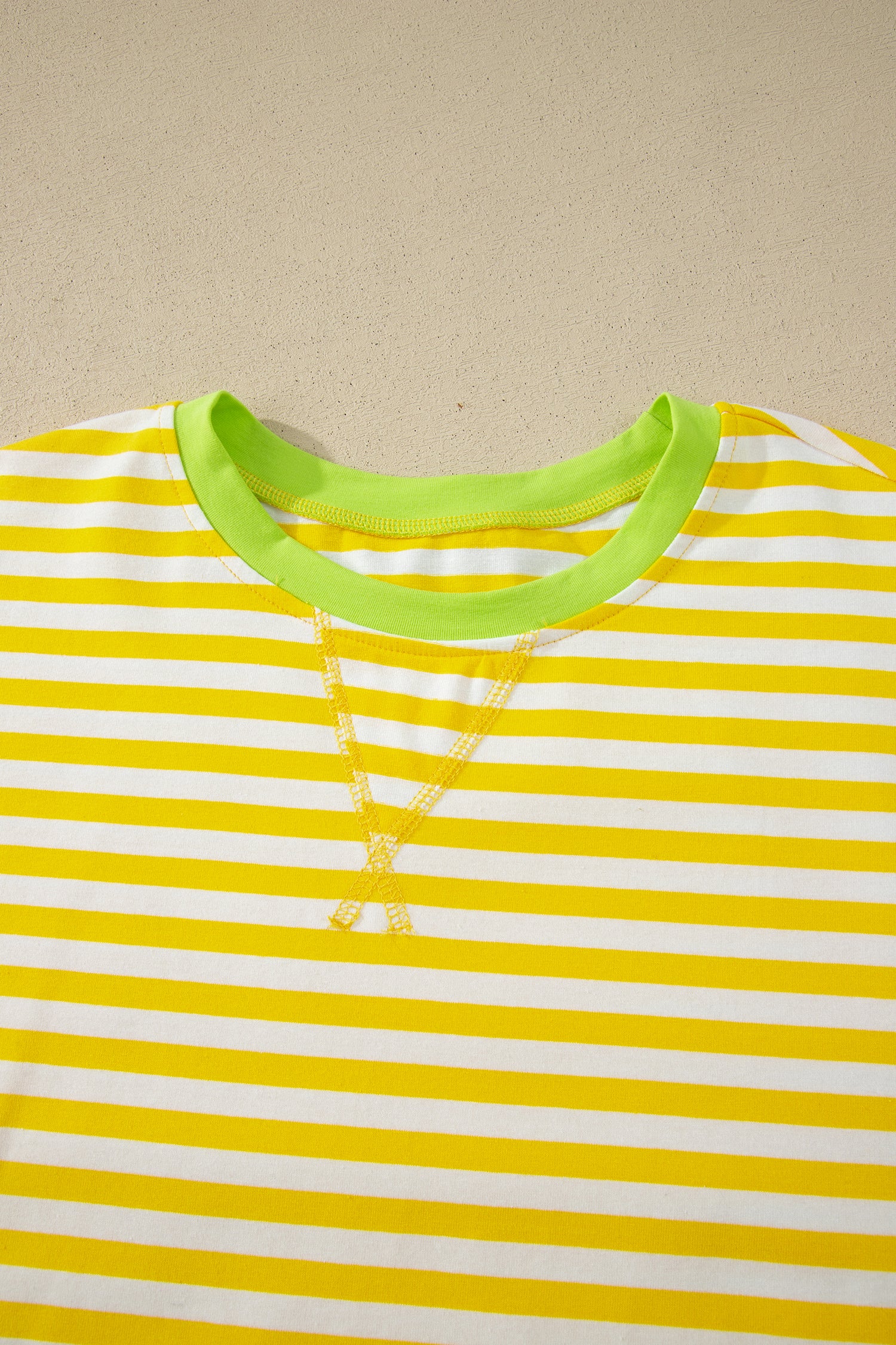 Striped Contrast Neck Loose Tee and Drawstring Shorts Set