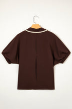 Coffee Shirt Collar Contrast Trim Button V Neck Short Sleeve Blouse