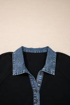 Black Plus Size Textured Contrast Denim Patchwork Button Polo Tee