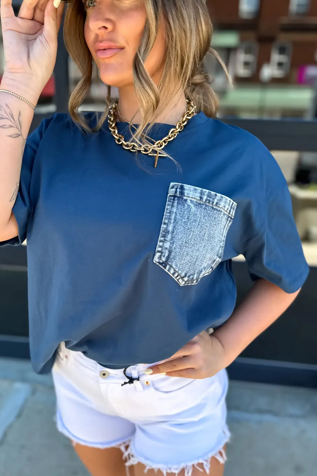 Color Block Chest Pocket Patched Casual Short Sleeve Top