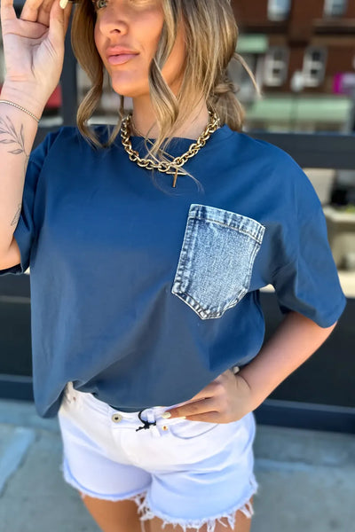 Color Block Chest Pocket Patched Casual Short Sleeve Top