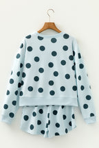 Polka Dot Print Drop Shoulder Pullover Drawstring Shorts Set