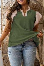 Plus Size Contrast Frilled Neckline Ruffled Short Sleeve Ribbed Textured Blouse