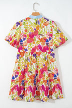 Rose Bright Floral Print Ricrac Trim Striped Patchwork V Neck Dress
