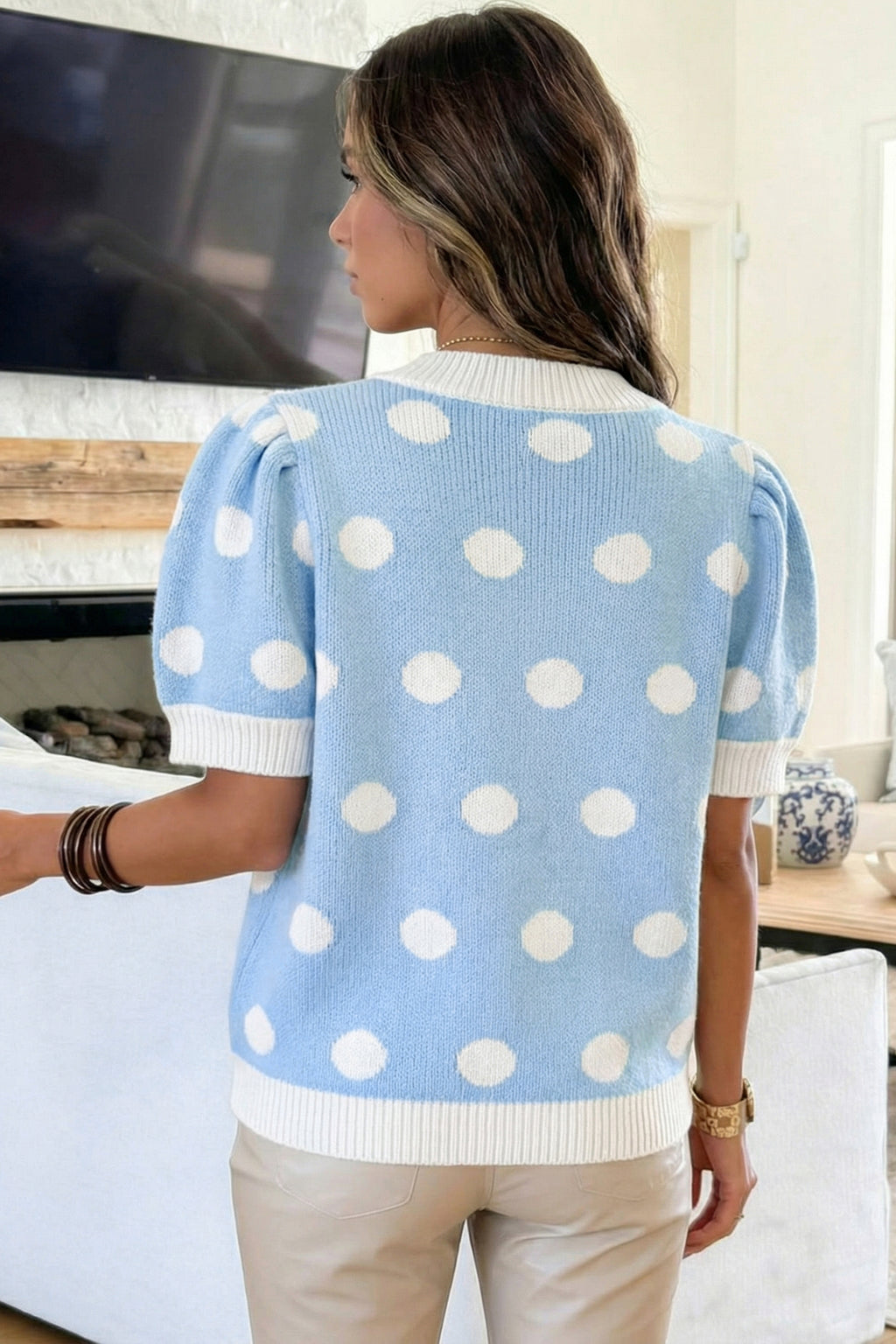 Polka Dot Puff Short Sleeve Sweater Top
