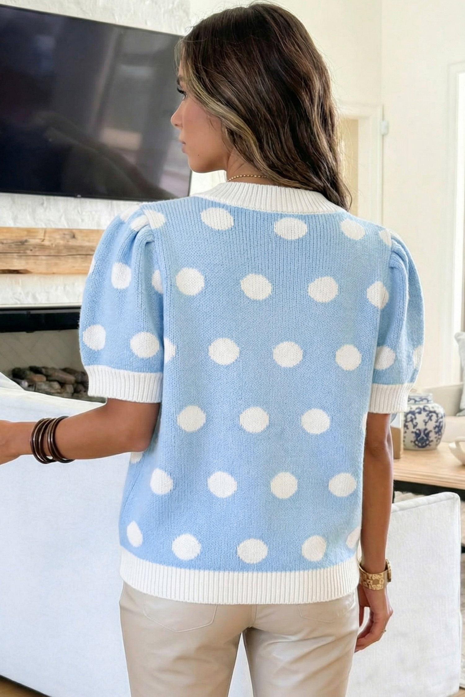 Polka Dot Puff Short Sleeve Sweater Top