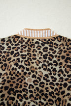 Khaki Contrast Striped Trim V Neck Leopard Shirt