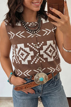 Brown Southwestern Aztec Button Square Neck Sweater Vest