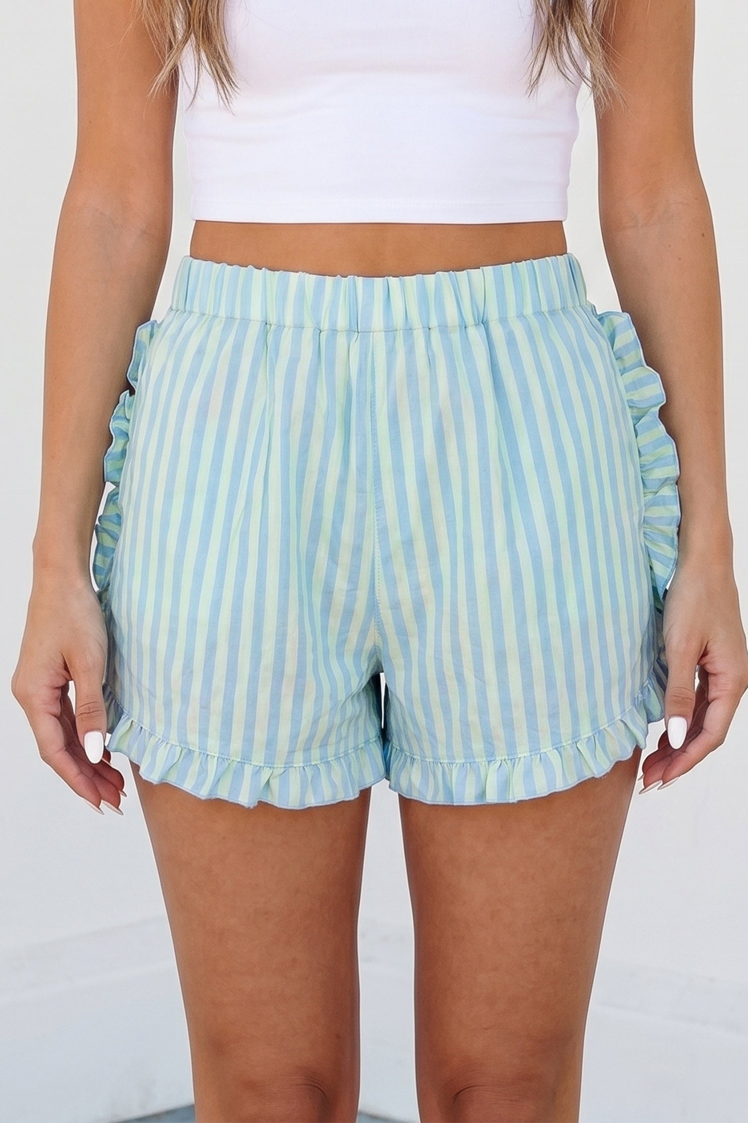Striped Elastic Waist Ruffle Trim Casual Shorts