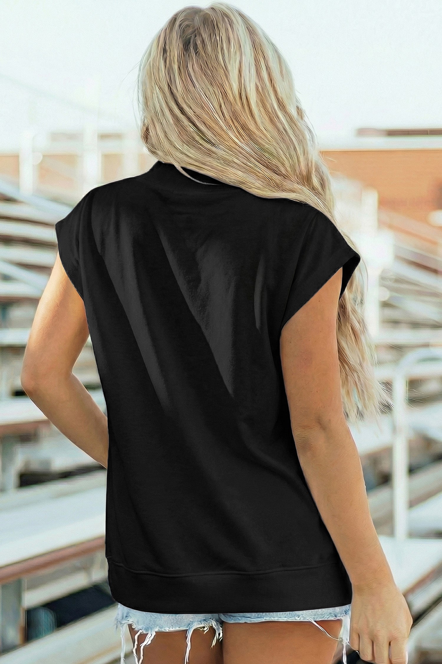 Solid Color High Neck Cap Sleeve Loose Top