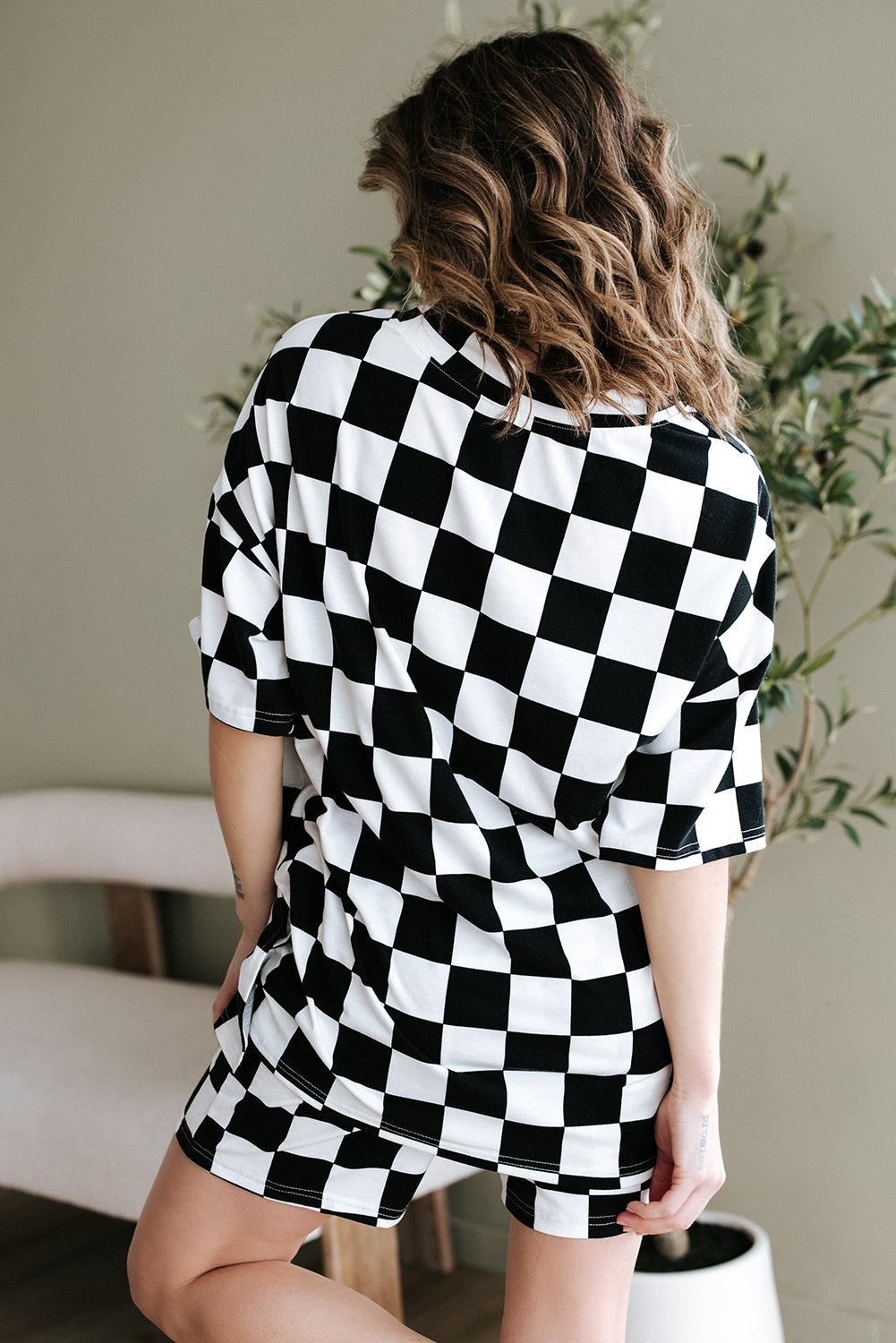 Checkerboard Print V Neck Loose Tee and Shorts Lounge Set