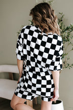 Checkerboard Print V Neck Loose Tee and Shorts Lounge Set
